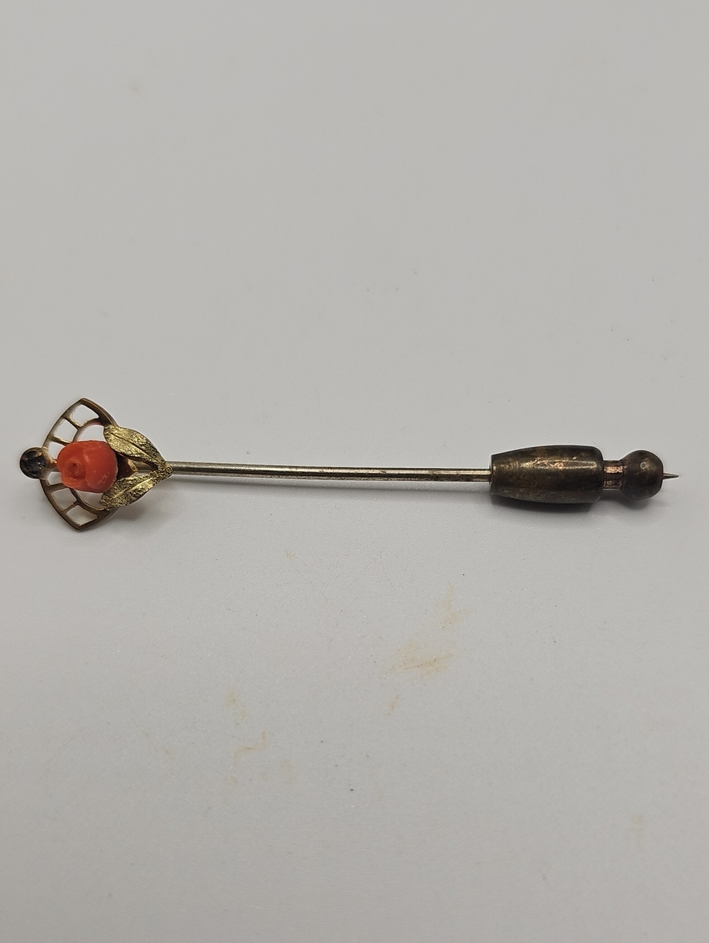 VintageGold-Tone Stick Pin with Orange Coral Rose Accent And Small Rheinstone